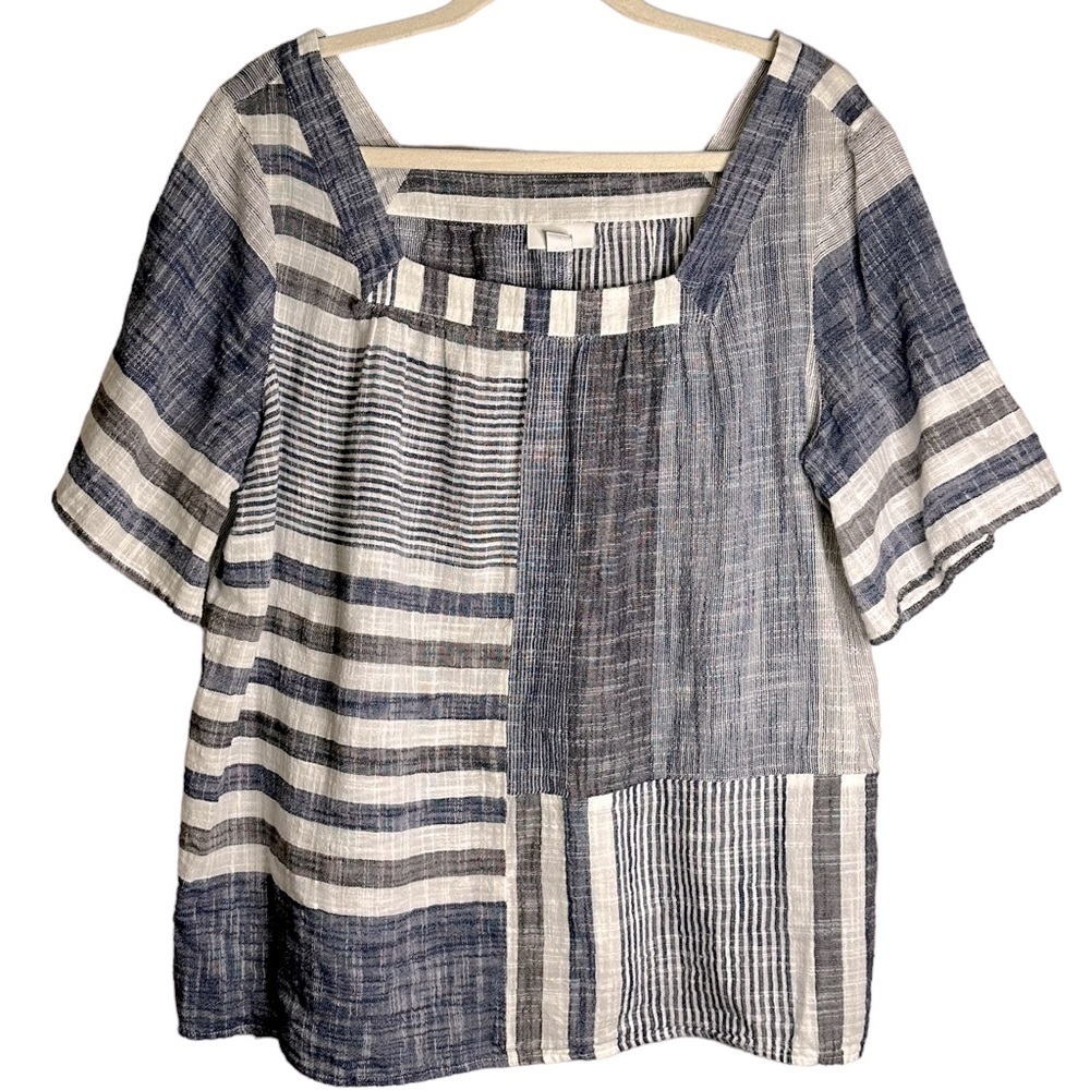 J. Jill Patchwork Stripe Cotton Boho Coastal Cottage Gauzy Peasant Top Medium